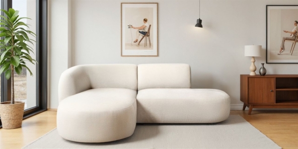 Ecksofa Designersofa BABETTE in Stoff Lins Creme Ottomane Links