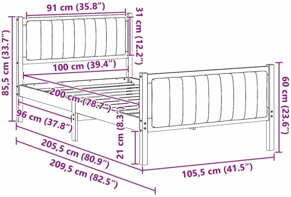 vidaXL Bettgestell Braun und Dunkelgrau 100 x 200 cm Massivholz Kiefer 878490 Bild 10