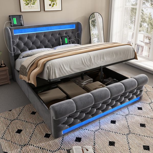 Polsterbett, Samt mit LED, Stauraum & USB-Anschluss, 140x190 cm, Grau, ohne Matratze