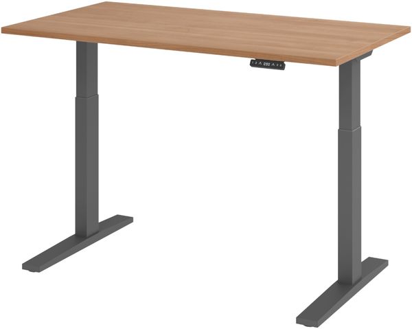 bümö elektrisch höhenverstellbarer Schreibtisch 140x80 cm in Nussbaum, Gestell graphit - Sitz & Stehschreibtisch mit Memoryfunktion, elektrischer Stehtisch & Gaming Tisch, XMKA-Serie, XMKA14-N-G