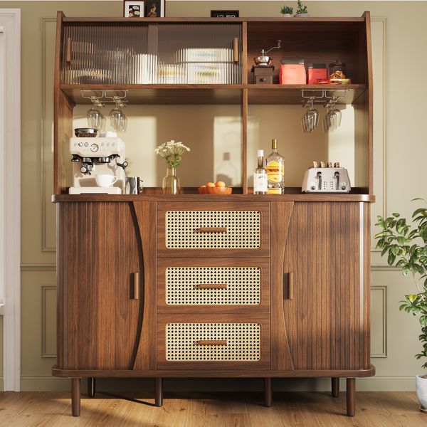 Hochwertiger Buffetschrank mit Rattanoptik & Glasschiebetüren, 174,5cm hoher Küchenschrank mit Stauraum, Naturholz-/Nussbaum-Optik, belastbar bis 60kg