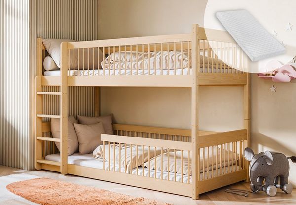 Kids Collective Kinderbett Hochbett Etagenbett 80x180, 90x190, 90x200 cm, umbaubar zu 2 Betten (mit abgerundeten Kanten), 80x180 cm von 3. bis 12. Lebensjahr, Natur mit 2 Matratzen