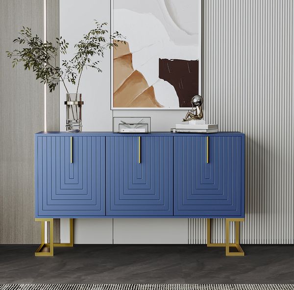 Modernes Sideboard, 3 Türen, navyblau/gold, verstellbare Regale, 138x40x80,5 cm