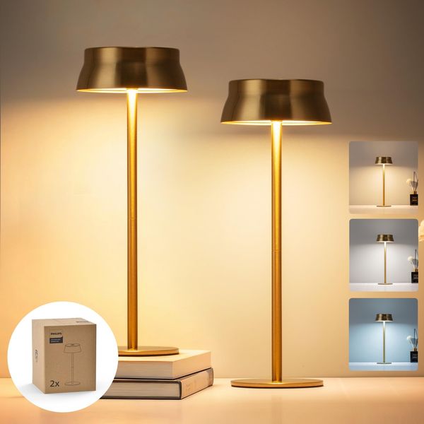 Philips Tischlampe Kabellose 2 Stück, Portable LED Akku Tischleuchte mit 2 stufig höhenverstellbar, Touch Stufenlos Dimmbar Nachtlicht, Wasserdicht für Schlafzimmer, Gold