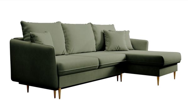 Selsey 'Volio ' Ecksofa mit Schlaffunktion, Samt wasserabweisend, Universal, Füße Gold, Salbeigrün
