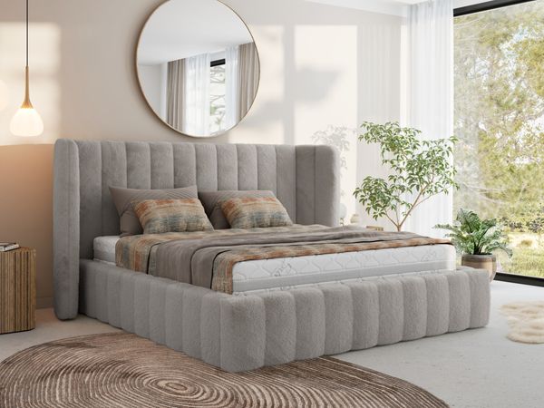Polsterbett GOLETTA CLASSIC 200 x 200 cm mit gepolstertem Kopfteil, stabilem Bettrahmen, Lattenrost und Bettkasten mit Gasdruckfedern, Doppelbett, zeitloses Design - Hellgrau Plüsch
