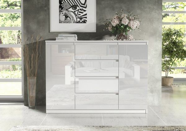 Raumhirsch Furniture Kommode, Sideboard, Kommode für das Schlafzimmer - Wohnzimmer (Maße: 138,5 × 39 × 101,5 cm, 2 Türen, 4 Schubladen, Rollenschienen), viele Farbvarianten - Hochwertig & stabil