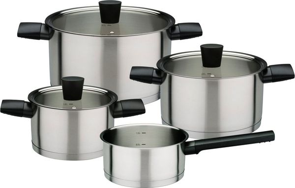 GSW Topf-Set Novero, Edelstahl 18/8 (Set, 7-tlg, je 1 Kochtopf Ø 16/20/24 cm, 1x Stielkasserolle Ø 16 cm), praktischen Literskala, Induktion