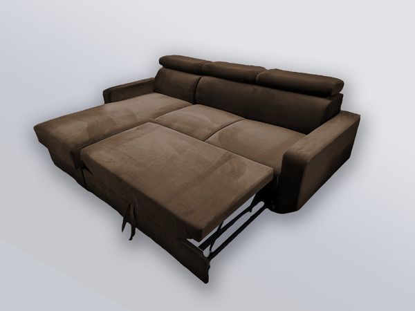 Goldstoff Ecksofa mit Schlaffunktion & Bettkasten "HUGO" verstellbare Kopfstützen, L-Form Couch mit Schlaffunktion und Bettkasten - Sofa, mit Relaxfunktion