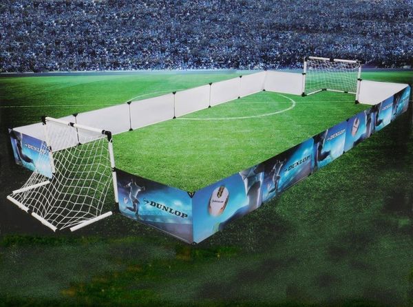 Dunlop Fußballtor Kinder Fußballtore 2er Set mit Begrenzungsbanden (Tor, Ball, Ballpumpe mit Adapter, Steck-Klick-Montage, Heringe inkl, Abmessungen Spielfeld (BxTxH) ca. 426 x 235 x 36 cm), Fußballtor mit Banden