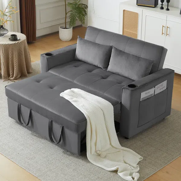Schlafsofa 2-Sitzer mit Bettfunktion und Rückenkissen, Samtbezug, Liegefläche: 110x160 cm