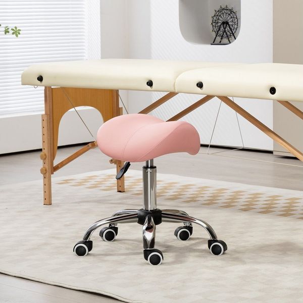 HOMCOM Rollsitz 360° drehbar Hocker Bürohocker Sattelhocker (Rollhocker, 1 St, höhenverstellbar 49-61 cm Arbeitshocker), für Büro Salon Massage Spa Rosa