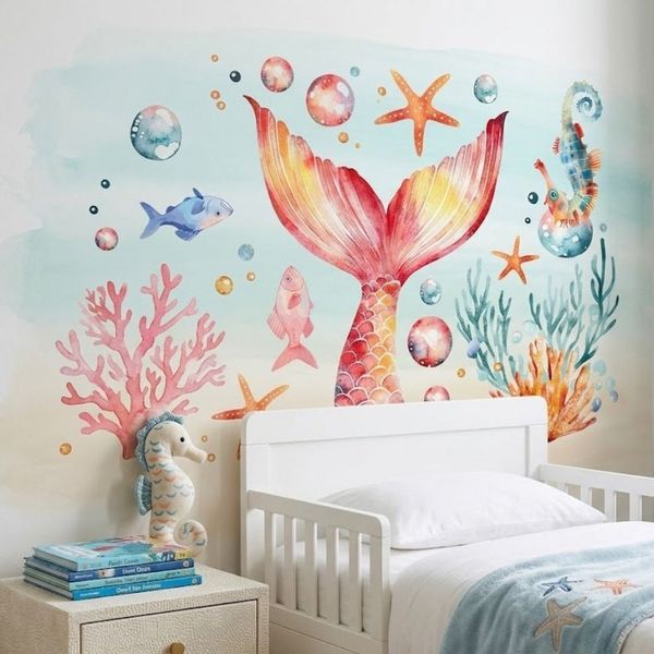 Montegoni Wandsticker Meerjungfrau Wandsticker Kinderzimmer Unterwasser Wandtattoo Deko (Mehrteiliges Wandtattoo Set, 1stk. Unterwasser Wandsticker), Selbstklebend, farbstabil, rückstandslos, individuell platzierbar