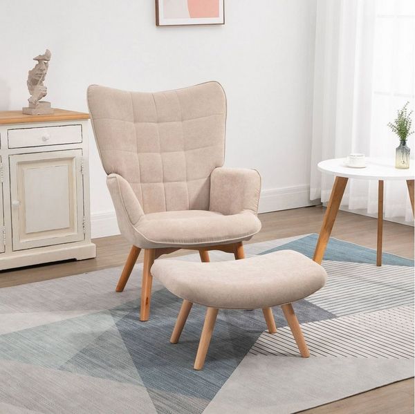 HOMCOM Relaxsessel Loungesessel mit Hocker, Armlehnstuhl mit Holzbeine, Fernsehsessel (Ohrensessel, 1-St, Relaxsessel), mit Cord-Optik