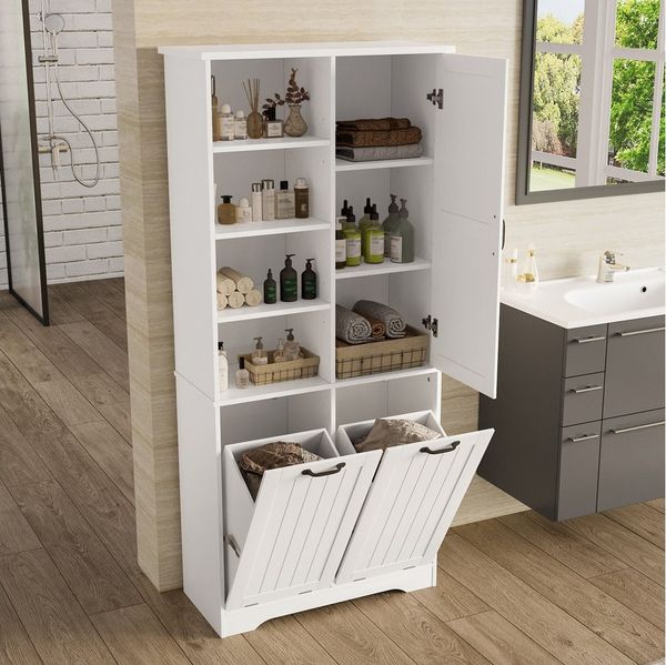 Flieks Badkommode Hochschrank mit doppelter Wäschekorb, 7 Fächern (B78/T35/H172,7 cm, 1 St, mit verstellbaren Einlegeböden und 2 Klappen), Badezimmerschrank feuchtigkeitsbeständiger Holzschrank aus MDF Weiß Bild 4