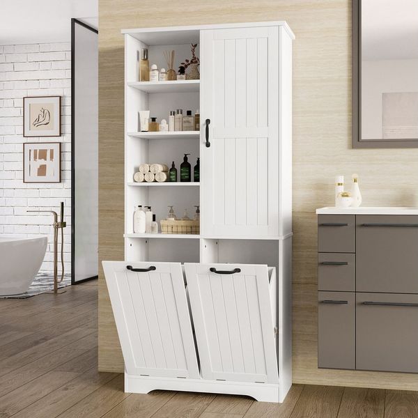 Flieks Badkommode mit doppelter Wäschekorb (B78/T35/H172,7 cm, 1 St, mit verstellbaren Einlegeböden und 2 Klappen), Badezimmerschrank feuchtigkeitsbeständiger Hochschrank Holz, 7 Fächern