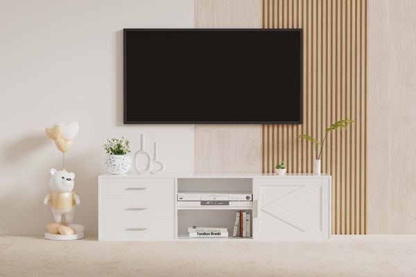 HOMAVO TV Lowboard 160cm Mit 3 Schubladen Schiebetür Und Offenen Fächern, Weiß