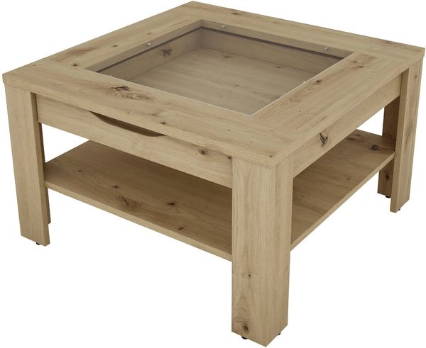 byLIVING Couchtisch RALPH / moderner Sofatisch mit Glaseinlage und großzügiger Schublade in Artisan Eiche Optik / Beistelltisch mit viel Stauraum / B 67, H 43, T 67 cm