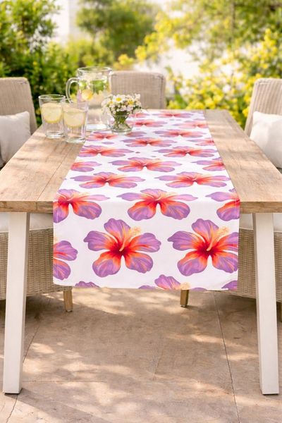BOLTZE Tischläufer Tischläufer Hibiscus Polyester Beige Violett Floral Tischdekoration (1-tlg)