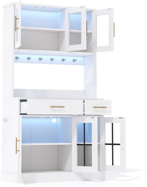 Merax 180cm Küchen-Anrichte mit LED-Leiste und Steckdose, ausgestattet mit 6 Türen und 2 Schubladen, verstellbaren Regalböden für flexible Aufbewahrung, goldene Metallgriffe, weiß Bild 9