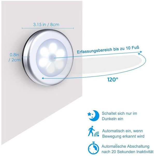 POPOLIC Unterschrankleuchte 3 X Runde smarte 6-LED-Sensorleuchte, batteriebetrieben, mit Magnetbefestigung, Geeignet für Schränke, Nachttische, Kleiderschränke und Garderoben.