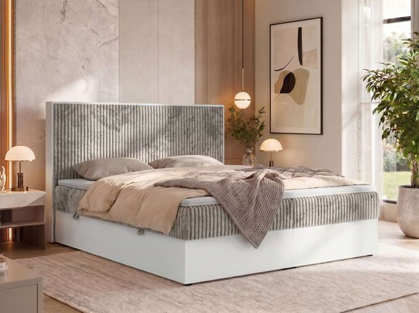 Boxspringbett TRAVIT, Doppelbett 7-Zonen-Multipocket-Matratze H3, Kopfteil, zwei Bettkästen, Topper Visco - 200 x 200 cm - Hellbraun Cord