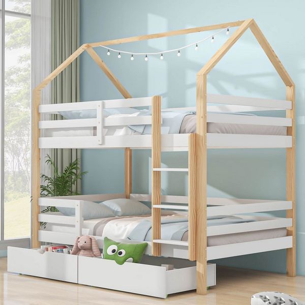 Flieks Etagenbett, Hochbett Kiefer Kinderbett mit 2 großen Schubladen 90*200cm