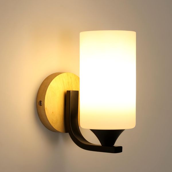 Toolight Wandleuchte Innen E27, E27 Holz Wandlampe Innen mit Glas Lampenschirm, Kreativität Schwarz Metall Nachttisch-Leselicht Wandleuchte für Schlafzimmer Wohnzimmer Flur Treppen (Ohne Glühbirne)
