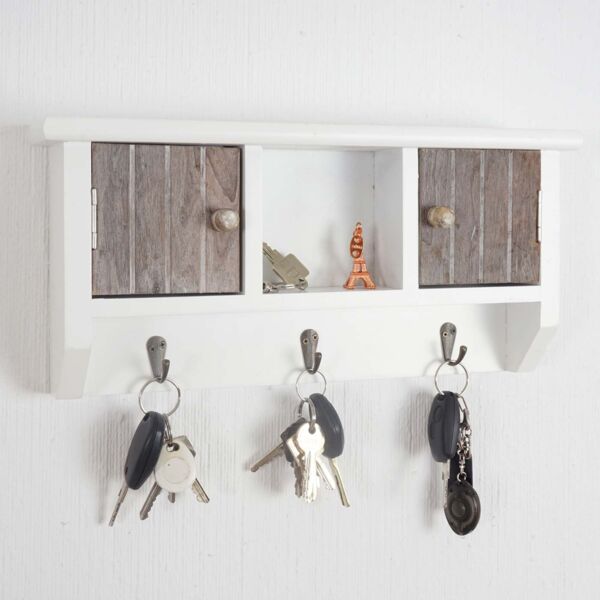 Schlüsselbrett HWC-A48, Schlüsselkasten Schlüsselboard mit Türen, Massiv-Holz MVG-zertifiziert ~ shabby braun-weiß