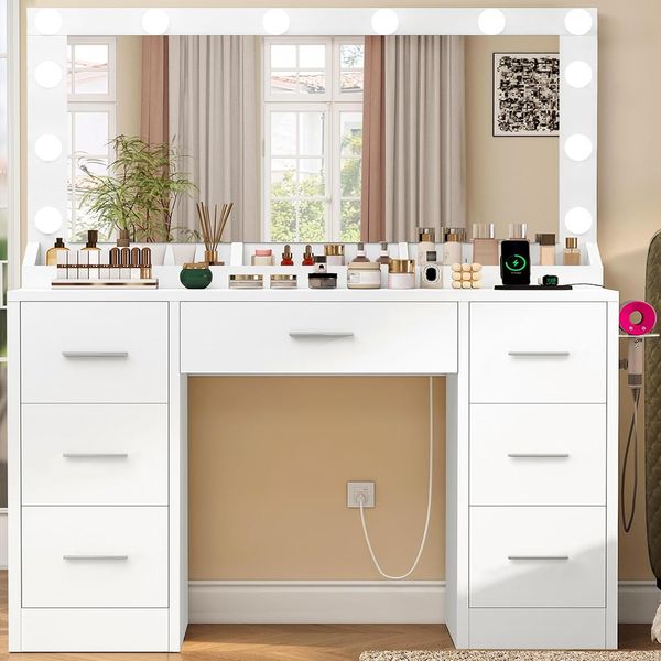 Schminktisch mit Beleuchtung, Steckdose, offene F?cher, Schminktisch mit 3 Farben Spiegel, Einstellbarer Helligkeit, Moderne Schminktisch fr Schlafzimmer, Wei?, 7 Schubladen Schminktisch 107 x 40 x 139cm