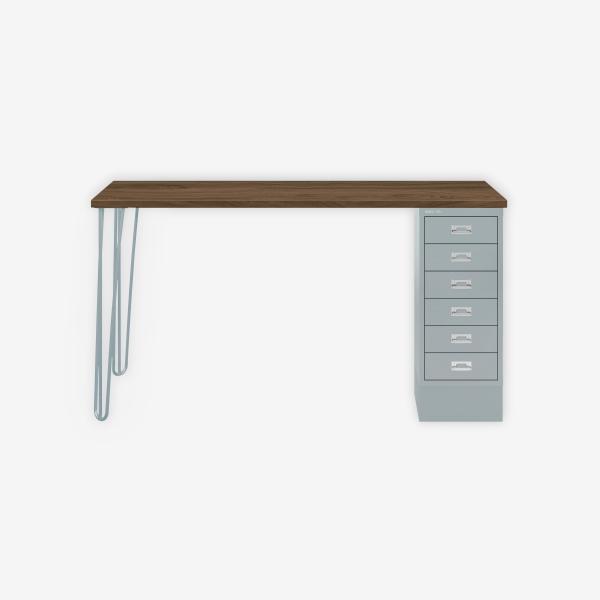 MultiDesk, 2 Stahlfüße, 1 MultiDrawer mit 6 Schüben, Dekor Nussbaum, Farbe Lichtgrau, Maße: H 740 x B 1400 x T 600 mm