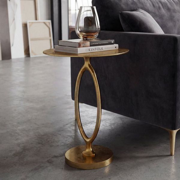 FINEBUY Beistelltisch FB116518 Anstelltisch Metall Gold 44cm Rund Couchtisch Wohnzimmertisch (Extravagantes Möbelstück mit ovalem Bein), Komplett aus lackiertem Aluminium gefertigt
