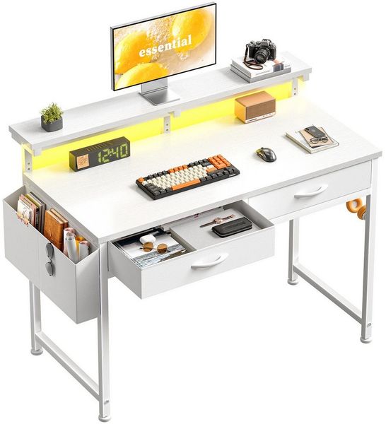 Klyvvo Schreibtisch mit LED und Stauraum, 100/120 cm Computertisch mit 2 Schubladen (1-St, Monitorständer & Seitenfach, Gaming Tisch RGB mit Fernbedienung), PC Tisch für Home Office, Büro und Jugendzimmer