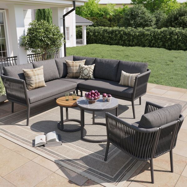 Merax Gartenlounge-Set für 5-6 Personen, 6-Sitzer Gartenmöbel-Set Sitzgruppe mit 2 stapelbaren Couchtische, grau