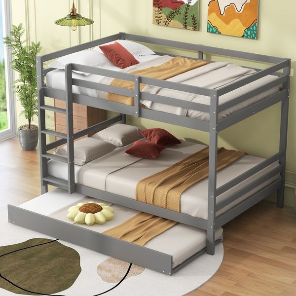 140*200cm Etagenbetten, Kinderbetten, Etagenbetten mit Ausziehbett, Hohe Geländer, Stabile Treppe, Grau