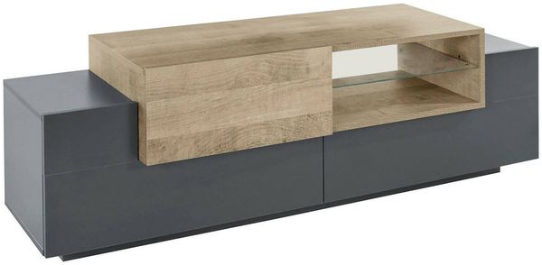 Dmora TV-Schrank Andris, niedriges Wohnzimmer-Sideboard, Fernsehständer-Basis, 100 % Made in Italy, 160 x 45 x 51 cm, Anthrazit und Ahorn,