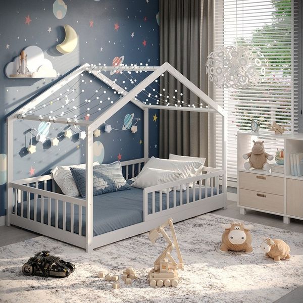 CADANI Kinderbett Malte Bodenbett Hausbett weiß (Rausfallschutz abnehmbar), Bodenbett Hausbett mit Roll-Lattenrost