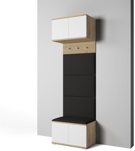 Garderoben-Set Aura Version 5: Schuhschrank mit Polsterpaneelen, Hängeschrank für Flur und Eingangsbereich (Weiß / Eiche Artisan/Trinity 16), 22 x 40 x 70 cm