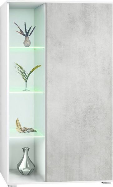 Vladon Standvitrine Davos (Standvitrine, mit 3 Glasböden und 8 Fächer inkl. LED) Weiß matt/Beton Oxid Optik (71,5 x 134 x 35 cm)