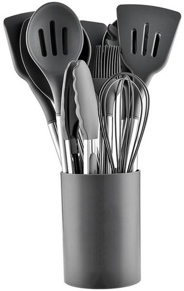 OKWISH Kochbesteck-Set 12er Küchenhelfer Set Kochgeschirr (Kochset Antihaft Hitzebeständig mit Utensilienhalter und Aufhängeloch, 12-tlg, Silikon, Kochbesteck, Kochutensilien), Spülmaschinengeeignet für Kochen Braten Schöpfen Mischen und Backen
