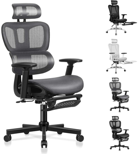 Ergonomischer Netz-Bürostuhl 3D-Armlehne Kopfstütze Fußstütze Lendenwirbelstütze