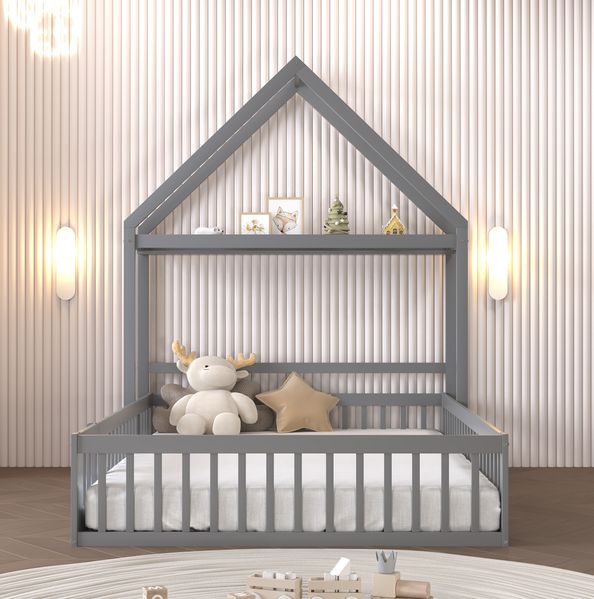 Spielhausbett Mit Abnehmbarem Dach 140x200 Kiefer Massivholz Bodenbett Mit Tür Bücherregal Kleiderstange Lattenrost 200kg Tragkraft Montessori Spielbett Großes Kinderbett