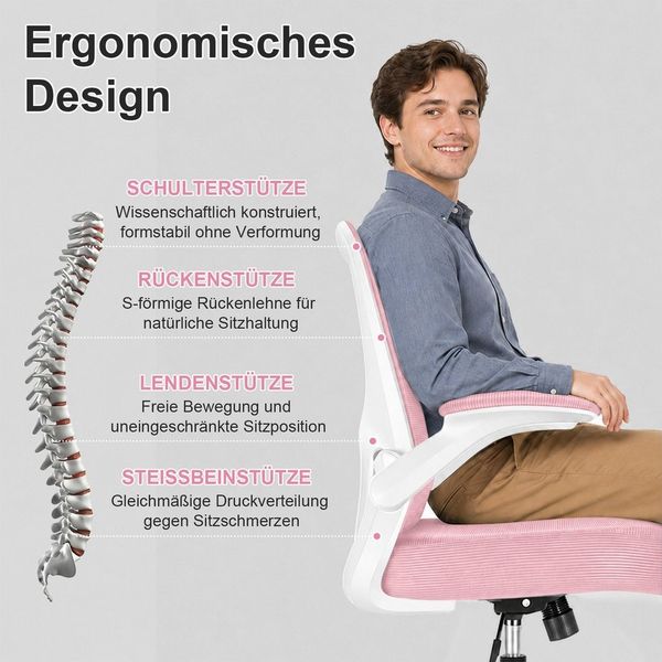Durrafy Bürostuhl Ergonomischer Bürostuhl,Schreibtischstuhl mit klappbaren Armlehnen (Höhenverstellbarer Drehstuhl mit Wippfunktion bis 130°,Computerstuhl mit verstellbarer Lendenwirbelstütze und leisen Rollen), Chefsessel mit 150 kg Tragfähigkeit