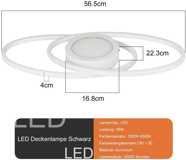 ZMH LED Deckenleuchte Flach Wohnzimmer - Wohnzimmerlampe 48W Dimmbar Deckenlampe Metall Schlafzimmerlampe Weiß mit Fernbedienung 3000K-6500K Modern für Schlafzimmer Kinderzimmer Büro Balkon Bild 3