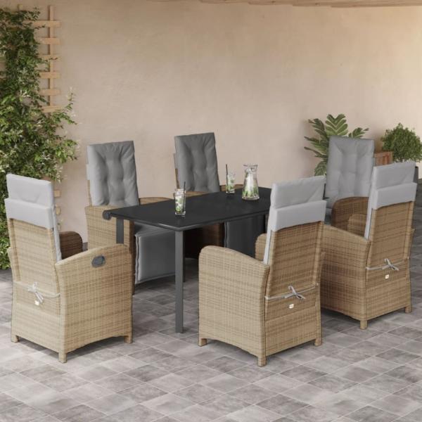 vidaXL 7-tlg. Garten-Essgruppe mit Kissen Beige Poly Rattan 3212595