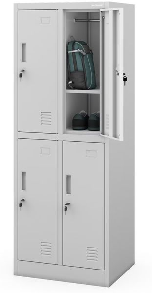 Umkleideschrank Spind BARTUS - 4 Abteile, Etikettenhalter Lüftungsschlitze | Umkleidespind Schließfachschrank Garderobenspind, 150x55,9x45cm Grau