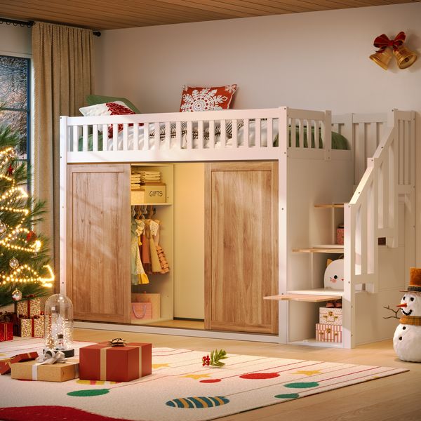 Kinderbett Hochbett 90x200 cm mit Kleiderschrank und Treppenschrank, bunter LED-Lichtleiste, Weiß + Eiche