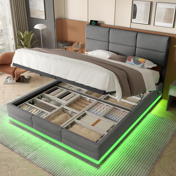 Flieks Doppelbett 180 x 200cm Velours-Polsterbett, höhenverstellbarem Kopfteil, LED-Beleuchtung, USB-Anschlüssen & Stauraum – Grau