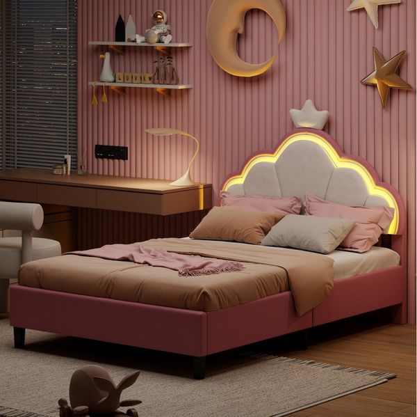 PXloue Polsterbett Kinderbett Jugendbett (Kopfteil hochstellbar), Doppelbett,kronenförmige-Kopfteil,mit LED und Lattenrost,140x200 cm