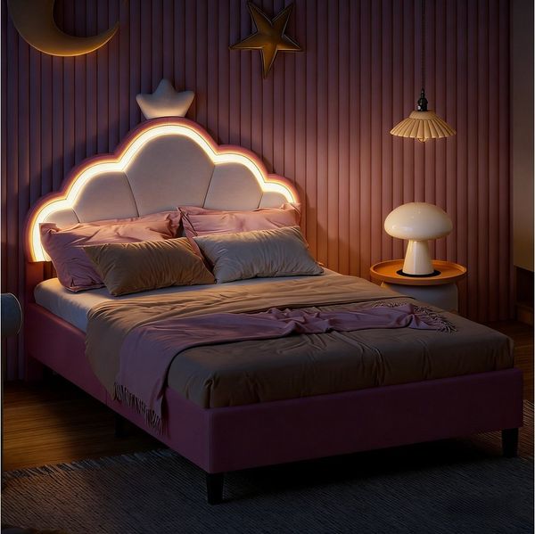 Furnishings Home Kinderbett Polsterbett LED mit Kopfteil 90x200 cm (Einzelbett mit LED-Beleuchtung), Geeignet für Jungen und Mädchen